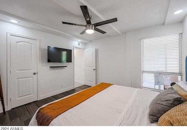 bedroom with dark wood-type flooring and ceiling fan