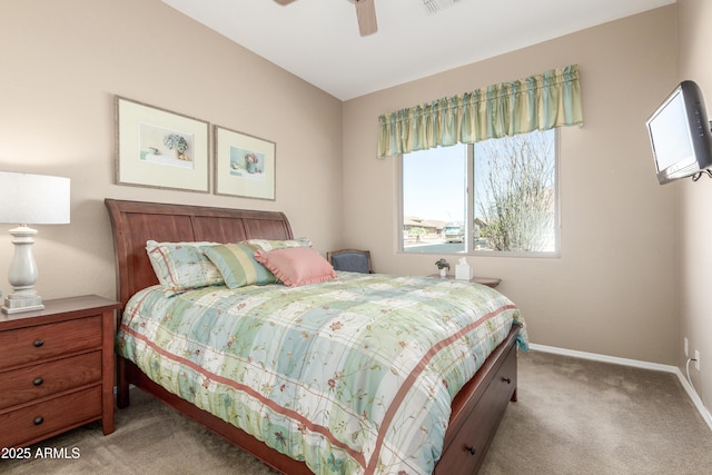 carpeted bedroom featuring visible vents, ceiling fan, and baseboards