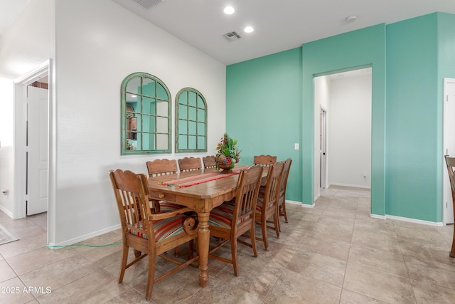 dining area featuring recessed lighting, visible vents, baseboards, and light tile patterned flooring