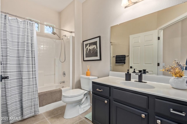 full bathroom with shower / tub combo with curtain, vanity, toilet, and tile patterned flooring