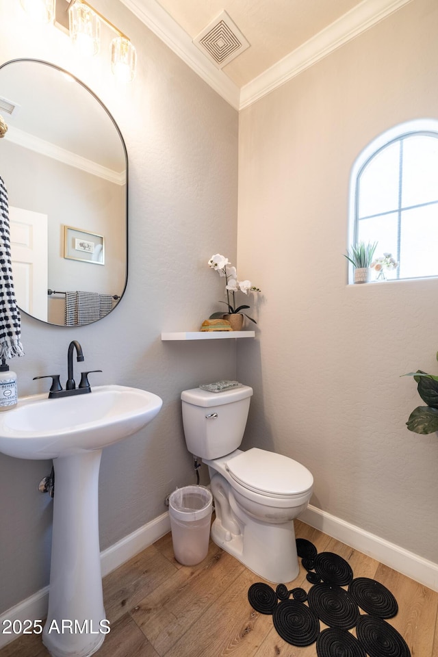 20639 W Grandview Dr, Buckeye, AZ 85396 - half bathroom featuring wood finished floors, crown molding, toilet, baseboards, and a sink