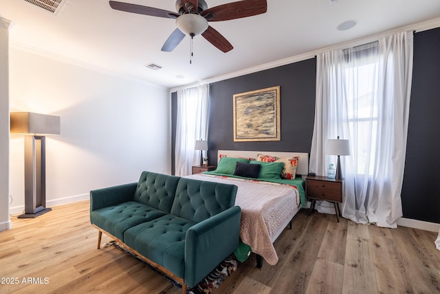 20639 W Grandview Dr, Buckeye, AZ 85396 - bedroom featuring ornamental molding, light wood-type flooring, baseboards, and ceiling fan