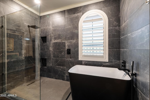 20639 W Grandview Dr, Buckeye, AZ 85396 - full bathroom featuring crown molding, tile walls, a soaking tub, and a tile shower
