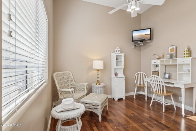 living area featuring ceiling fan and dark hardwood / wood-style flooring