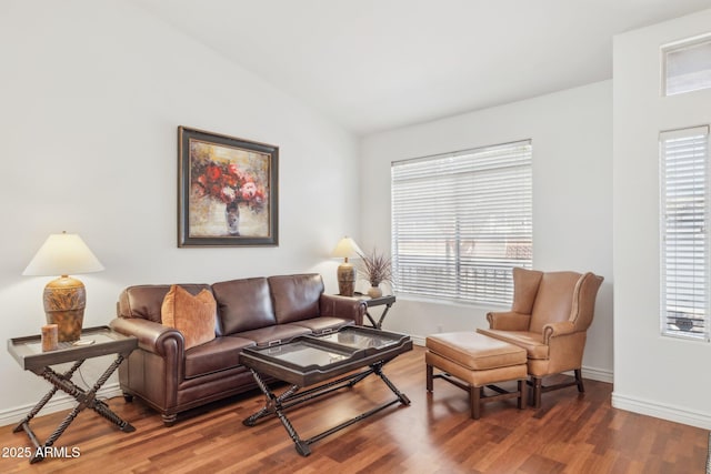 living room featuring lofted ceiling, wood-type flooring, and a wealth of natural light