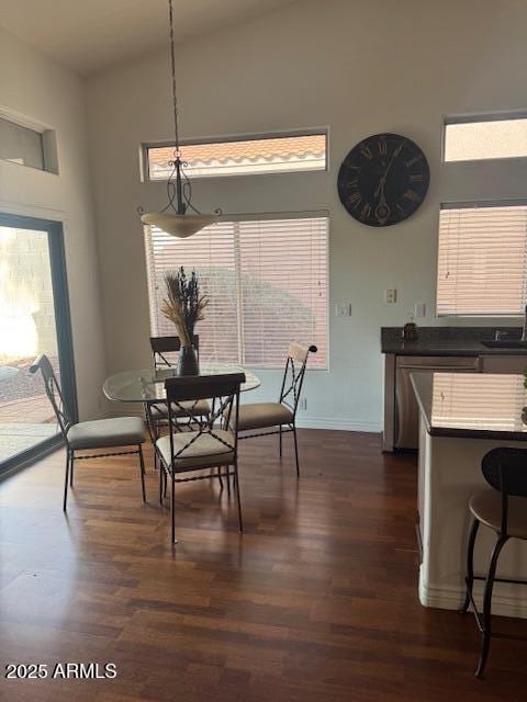 dining room with sink, high vaulted ceiling, and dark hardwood / wood-style floors