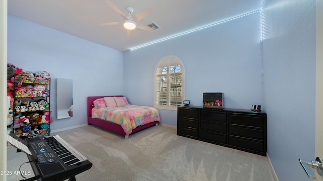 carpeted bedroom with ceiling fan