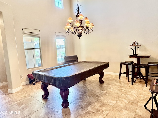 9249 E Desert Arroyos St, Scottsdale, AZ 85255 - recreation room featuring pool table, plenty of natural light, baseboards, and a towering ceiling