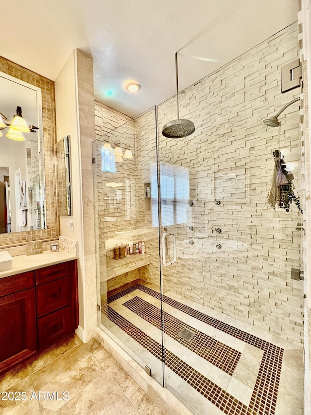 9249 E Desert Arroyos St, Scottsdale, AZ 85255 - full bath featuring vanity, a tile shower, tile patterned floors, and ceiling fan