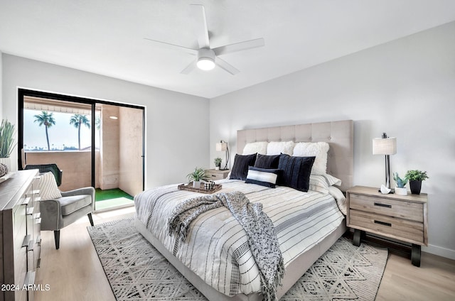 bedroom with access to outside, ceiling fan, and light hardwood / wood-style floors