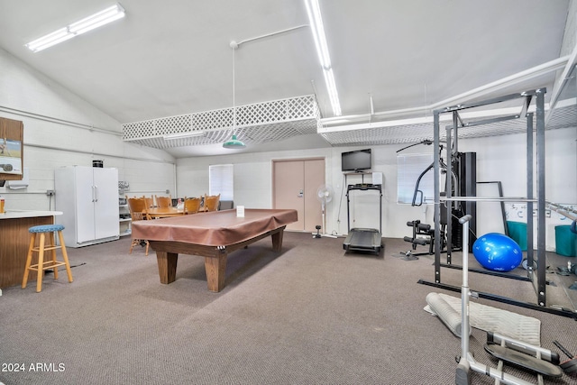 playroom featuring carpet, lofted ceiling, and billiards