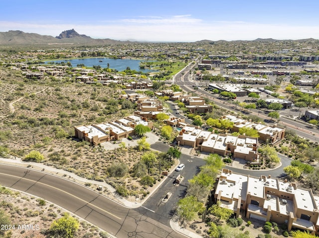 bird's eye view featuring a water and mountain view