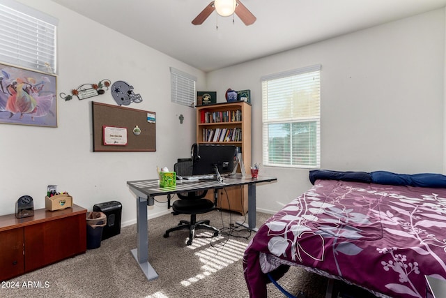 carpeted bedroom with ceiling fan