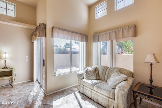 living room featuring plenty of natural light and a towering ceiling