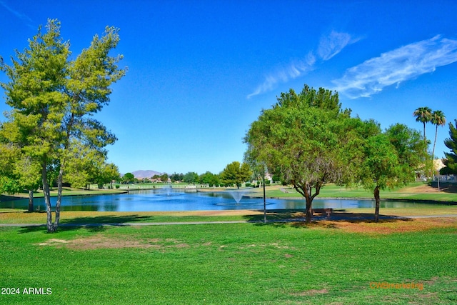 view of home's community with a water view and a lawn