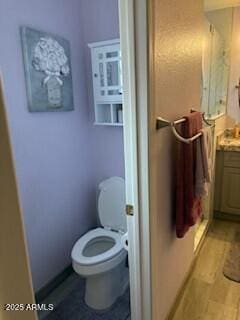 bathroom featuring hardwood / wood-style floors, vanity, and toilet