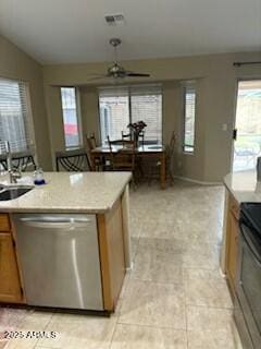 kitchen featuring sink, stainless steel dishwasher, ceiling fan, black / electric stove, and light tile patterned flooring