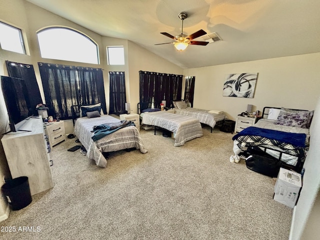 bedroom with ceiling fan, high vaulted ceiling, and light colored carpet