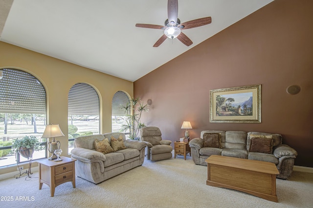 living room featuring carpet, ceiling fan, and high vaulted ceiling