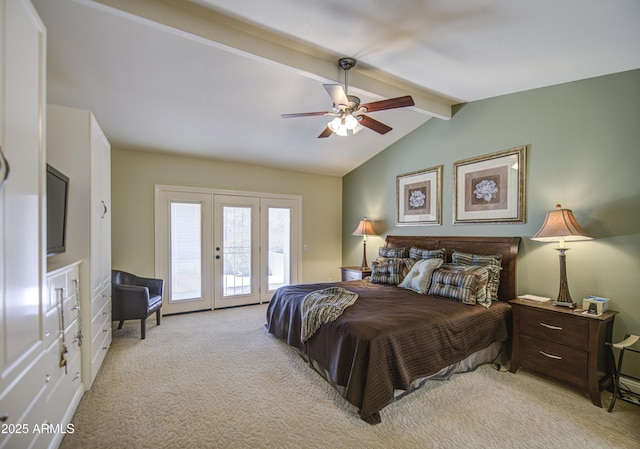 bedroom featuring french doors, access to outside, light colored carpet, and a ceiling fan