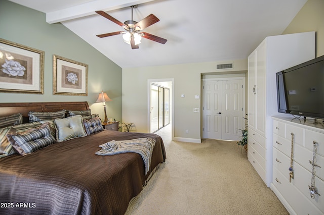 bedroom with light carpet, ceiling fan, and baseboards