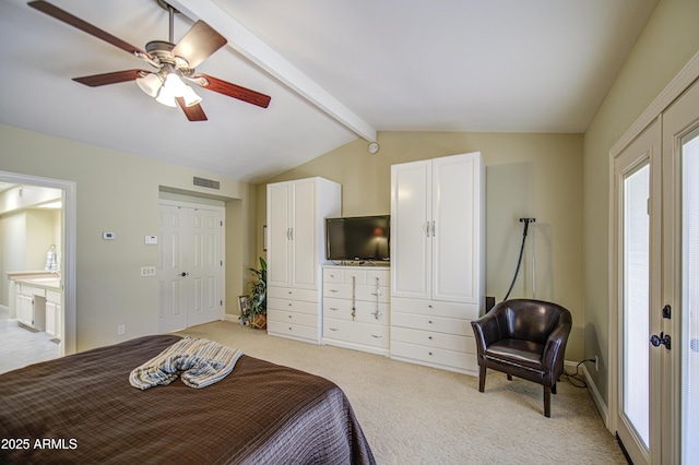 bedroom featuring light colored carpet, ceiling fan, baseboards, and connected bathroom