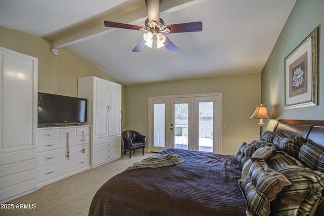 bedroom with access to exterior, carpet flooring, and ceiling fan