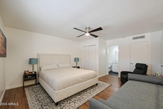 bedroom with ceiling fan and hardwood / wood-style flooring