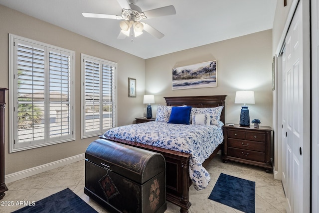 bedroom featuring a closet, baseboards, and ceiling fan