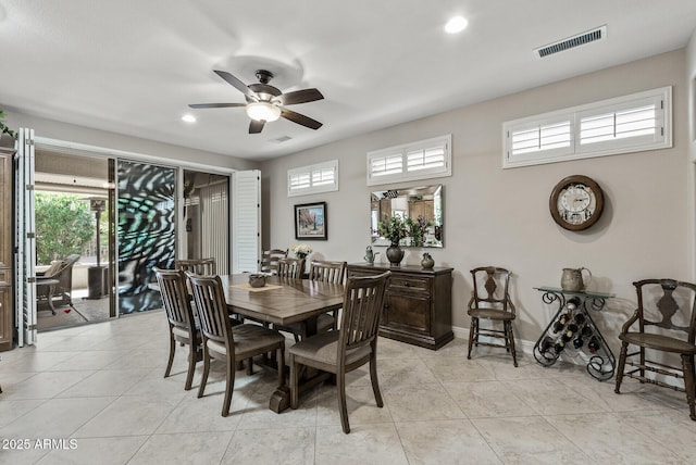dining space with ceiling fan, recessed lighting, baseboards, light tile patterned floors, and visible vents