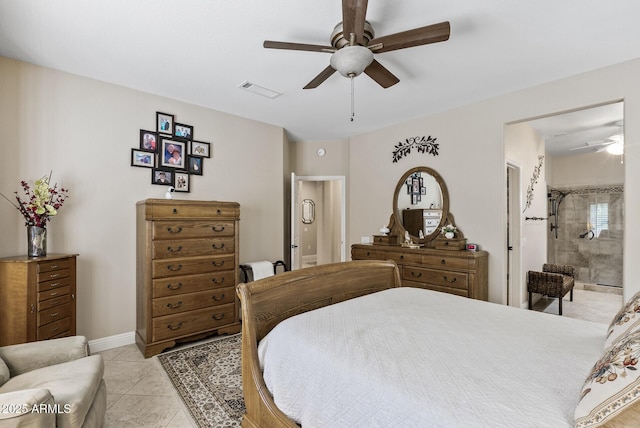 bedroom with baseboards, ceiling fan, visible vents, and light tile patterned floors