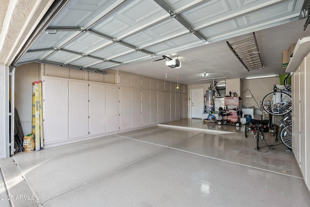 garage featuring gas water heater and a garage door opener