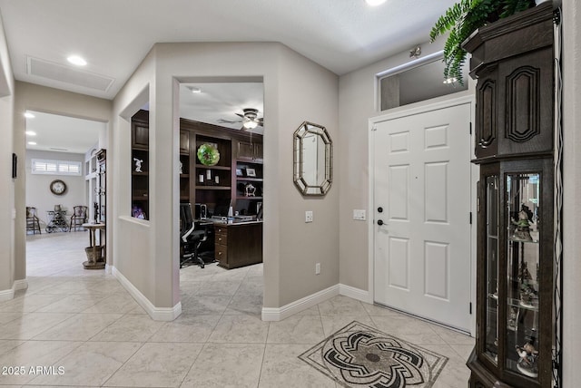 foyer entrance with baseboards, ceiling fan, recessed lighting, and visible vents