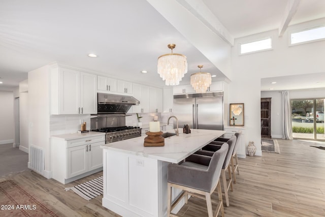 kitchen with white cabinets, decorative backsplash, light hardwood / wood-style floors, and high quality appliances