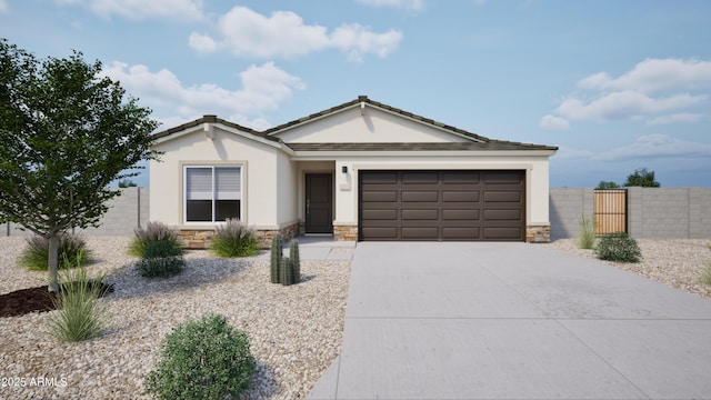 ranch-style home featuring stucco siding, concrete driveway, an attached garage, fence, and stone siding