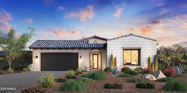 12326 E Black Rock Rd, Scottsdale, AZ 85255 - mediterranean / spanish house featuring a garage, driveway, a tiled roof, and stucco siding