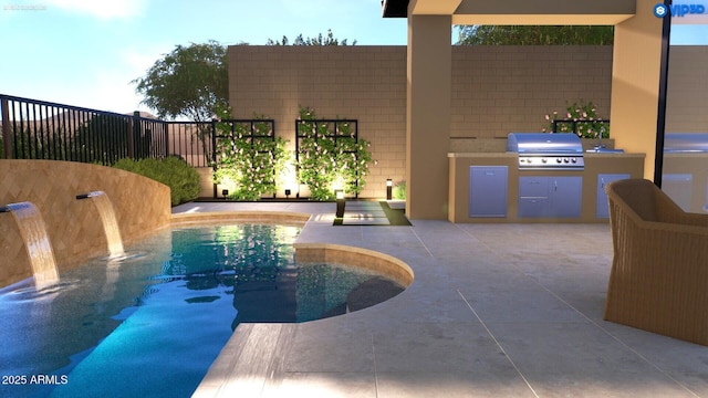 12326 E Black Rock Rd, Scottsdale, AZ 85255 - view of swimming pool with a grill, a patio, fence, exterior kitchen, and a fenced in pool
