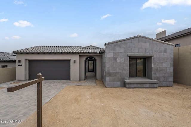 12326 E Black Rock Rd, Scottsdale, AZ 85255 - view of front of house with stucco siding, driveway, a garage, a tiled roof, and fence