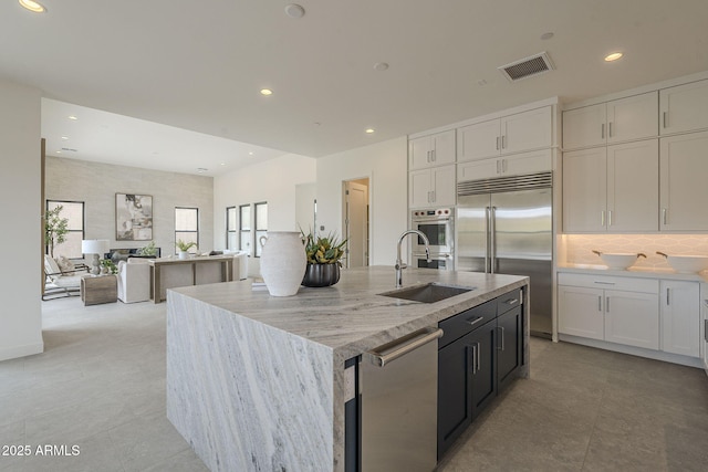 12326 E Black Rock Rd, Scottsdale, AZ 85255 - kitchen with built in refrigerator, white cabinets, visible vents, a sink, and backsplash
