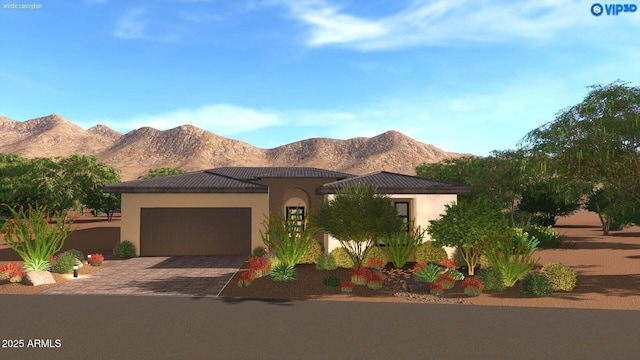 12326 E Black Rock Rd, Scottsdale, AZ 85255 - view of front of house with a garage, decorative driveway, stucco siding, and a mountain view