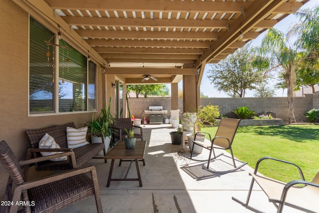 view of patio / terrace with ceiling fan, grilling area, and a fenced backyard