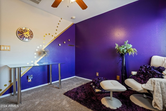 game room with ceiling fan and carpet