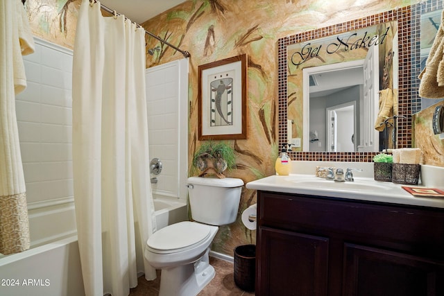 full bathroom with shower / bathtub combination with curtain, toilet, and vanity