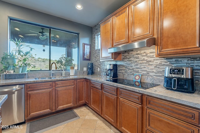 16336 E Ridgeline Dr, Fountain Hills, AZ 85268 - kitchen with stainless steel dishwasher, a sink, decorative backsplash, black electric stovetop, and under cabinet range hood