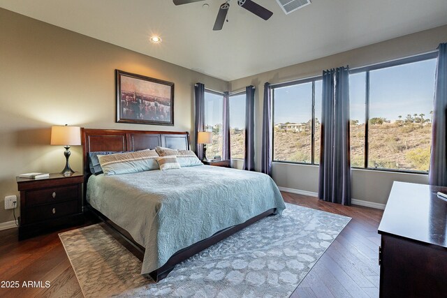 16336 E Ridgeline Dr, Fountain Hills, AZ 85268 - bedroom featuring a ceiling fan, wood finished floors, baseboards, visible vents, and recessed lighting