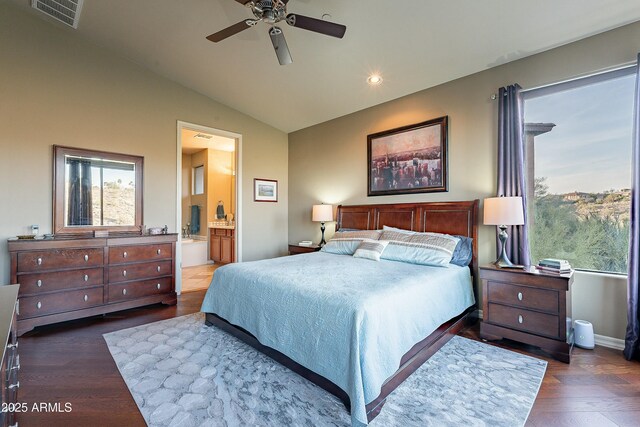 16336 E Ridgeline Dr, Fountain Hills, AZ 85268 - bedroom with recessed lighting, lofted ceiling, visible vents, connected bathroom, and ceiling fan