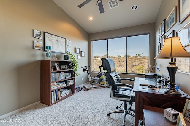 16336 E Ridgeline Dr, Fountain Hills, AZ 85268 - office with vaulted ceiling, visible vents, a ceiling fan, carpet floors, and baseboards