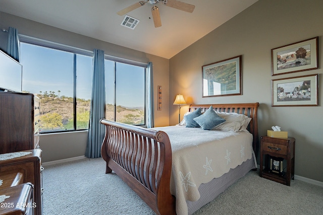 16336 E Ridgeline Dr, Fountain Hills, AZ 85268 - carpeted bedroom with ceiling fan, vaulted ceiling, visible vents, and baseboards