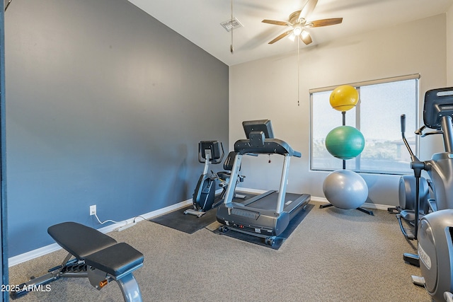 16336 E Ridgeline Dr, Fountain Hills, AZ 85268 - exercise room featuring vaulted ceiling, visible vents, carpet floors, and a ceiling fan