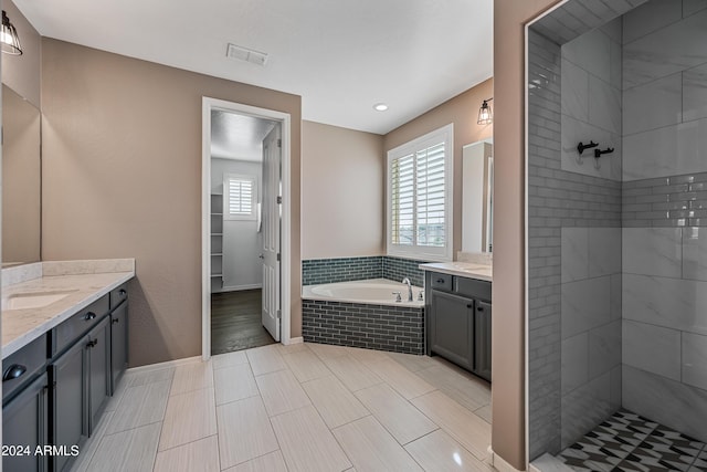 bathroom featuring vanity, plus walk in shower, and wood-type flooring